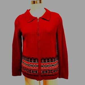 Erika Women's Cardigan Size L Cranberry Knit Chenille Fair Isle VTG Black Peach